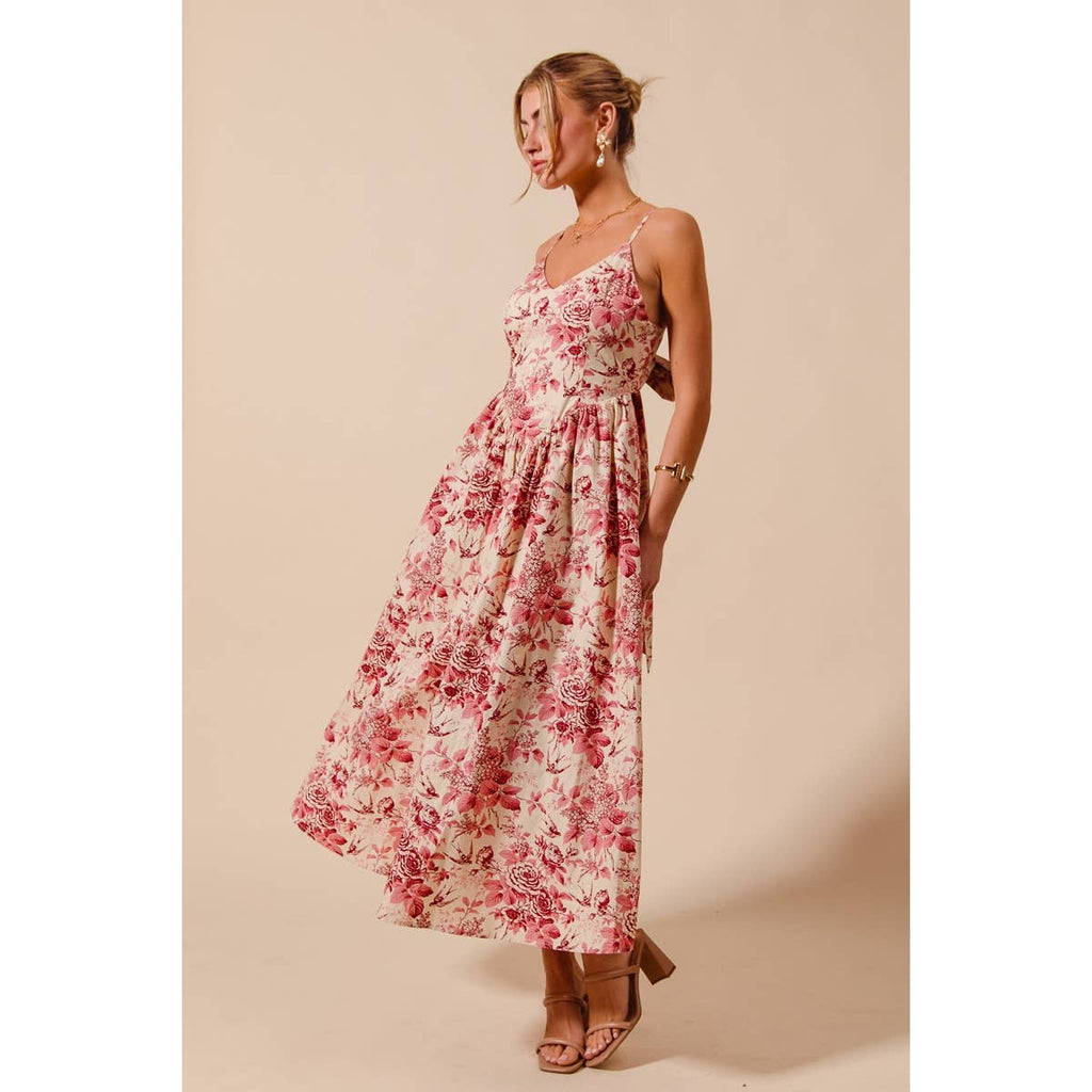 FLORAL COTTON WOVEN V NECK DRESS WITH BACK RIBBON TIE
