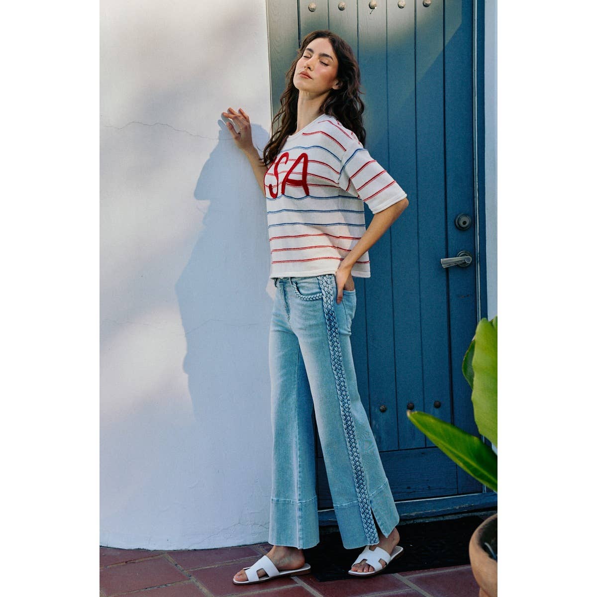 WIDE LEG FLARE DENIM JEANS WITH SIDE  BRAIDS